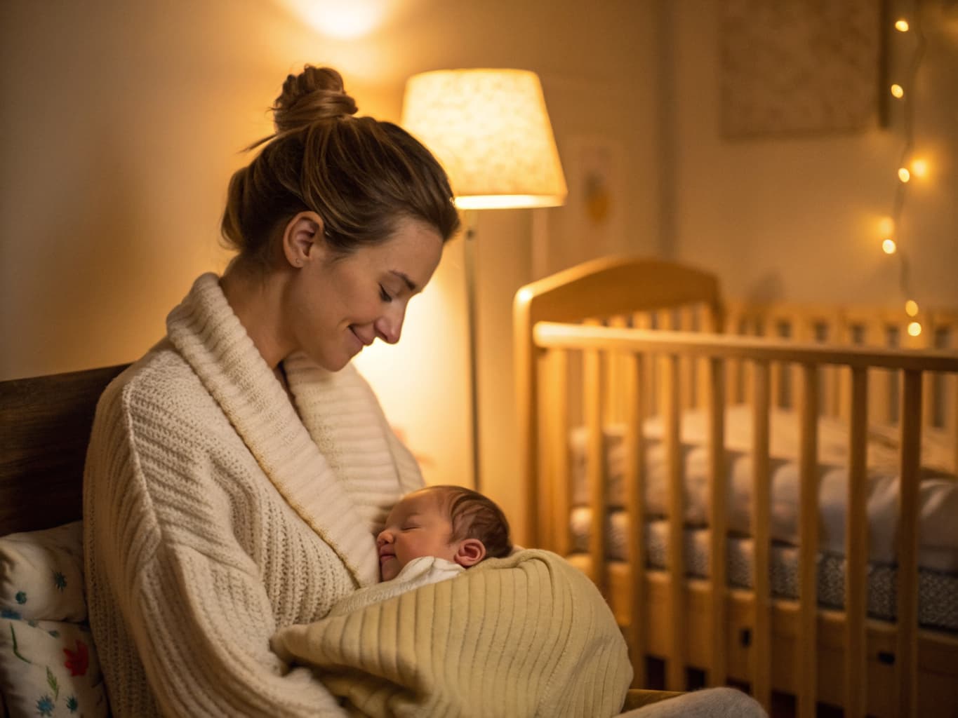 A mother peacefully holding her sleeping newborn in a warm nursery